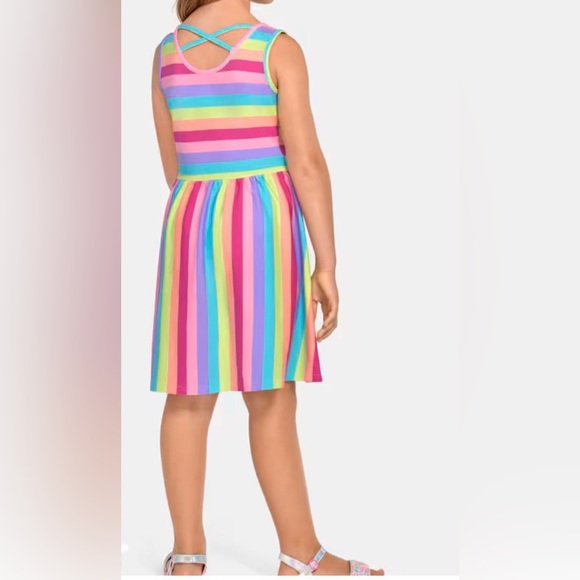 NWT: Girls Rainbow Striped Cross-Back Dress- Multi Color - Picture 3 of 5